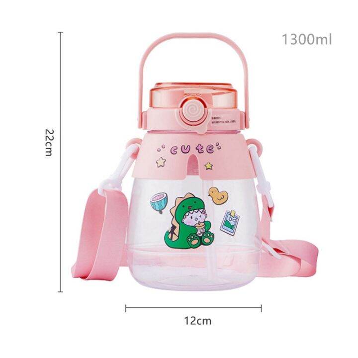 gradient-cute-water-bottle-for-girls-kids-big-belly-cup-with-straw-stickers-1-3l-plastic-outdoor-sports-kettle