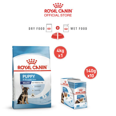 Royal Canin Maxi Puppy โรยัล คานิน อาหารเม็ดลูกสุนัข พันธุ์ใหญ่ อายุ 2-15 เดือน (4 กก.) + อาหารเปียกลูกสุนัข พันธุ์ใหญ่ 140 ก. X 10 ซอง