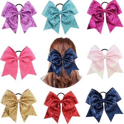 ✤♀℡ New 8 Inch Sequin Cheer Bow Elastic Hair Bands Ponytail Holder Hair Ties Women Kids Rubber Band Handmade Girls Hair Accessories