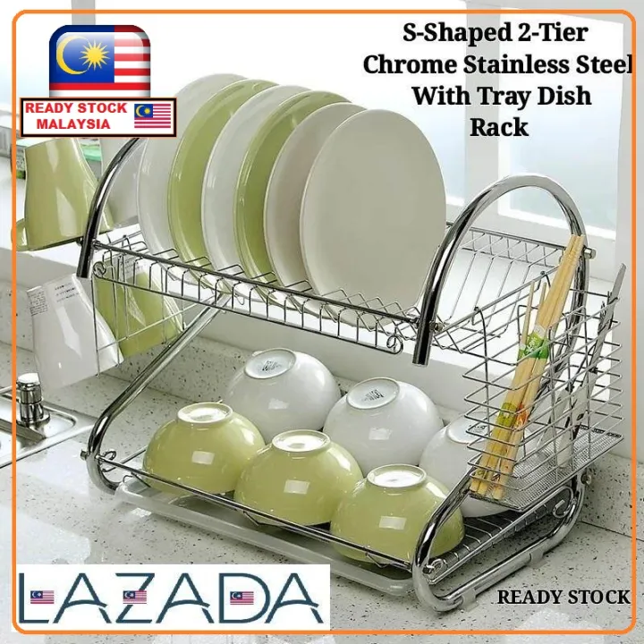 ⚡ ONE2DEAL ⚡ READY STOCK SShaped Dish Rack Set 2Tier Chrome Stainless