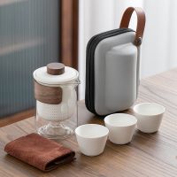 Tea Sets with 3 Cups, Modern Minimalist Ceramic Portable Travel Teapot with Case, Wood Handle Gongfu Tea Pot for Home and Office