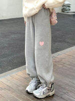 HOUZHOU Kawaii ฤดูหนาว Oversize ผู้หญิงสีเทา Jogging Sweatpants เกาหลีแฟชั่นหัวใจเย็บปักถักร้อยขนแกะ Warm Joggers กางเกงกีฬา...