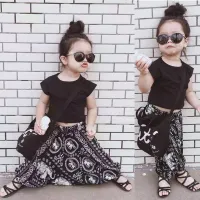 [ส่งของ]BABYGARDEN Baby Girl Clothes Set , Short Sleeve Black T-shirt Floral Loose Elastic Hareb Pants