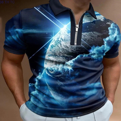 【high quality】  Polo Shirt, Short Sleeved, Sky Printed, 3d World, with Zipper, Suitable for Men