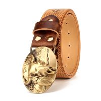 Mens Ethnic Style Cowskin Leather Belt Pure Genuine Leather Copper Buckle Pattern Belt Retro Men Smooth Buckle Buckle Belts