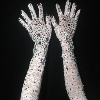 Silver Rhinestones Stretch Transparent White Gloves Bar Singer Ornament Crystals Stones Long Mittens Party Stage Accessories