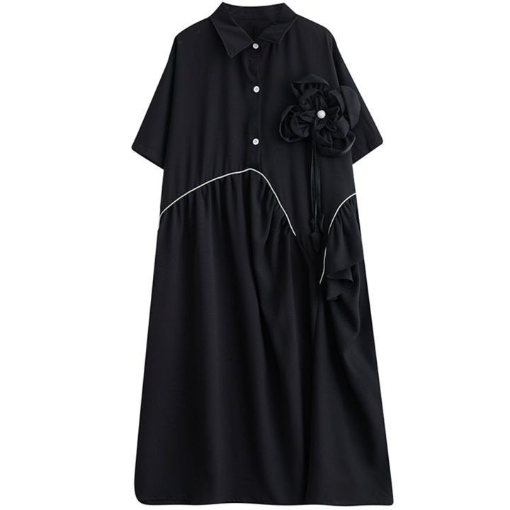 xitao-dress-irregular-pullover-goddess-fan-black-floral-shirt-dress