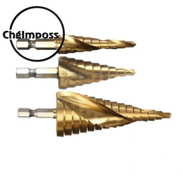 chgimposs-หัวสว่านเกลียวก้านสามเหลี่ยม3ชิ้นสำหรับ-pelat-aluminium-เหล็กที่เปิดรูที่จับรูปสามเหลี่ยม4-12-20-32มม