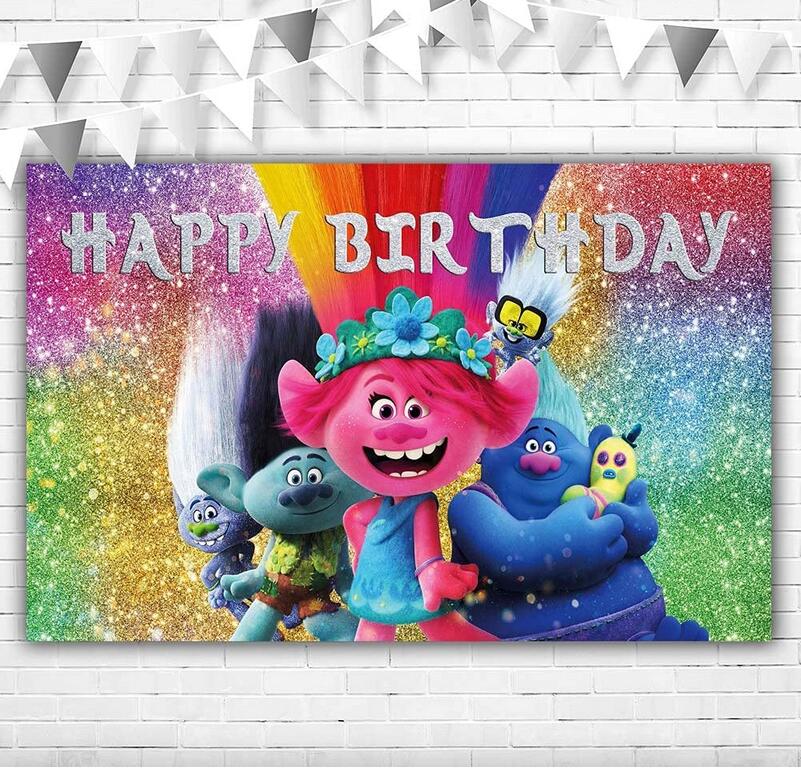 TROLLS RAINBOW PERSONALISED BIRTHDAY PARTY BANNER BACKDROP BACKGROUND