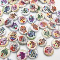 30/50/100Pcs 15mm Round Wooden Buttons Cat Fish 2 Holes Mixed Wood Buttons For Sewing Clothing Scrapbooking DIY Craft WB700 Haberdashery