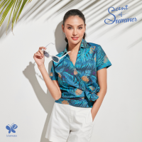 Woman Summer Wrap Shirt เสื้อเชิ้ตคอปกสำหรับผู้หญิง ดีเทลเก๋ด้วยการพับทบเข้าหากันและผูกเป็นโบว์ช่วงเอว สีสันสดใสจากผ้าพิมพ์ลายดอกไม้ไทย