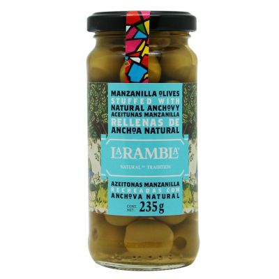 Premium import🔸( x 1) LA RAMBLA Manzanillas Stuffed Anchovy 235 g. ลาแลมบร้า มะกอกเขียวยัดใส้ปลาแอนโชวี่ 235 g. [LR16]