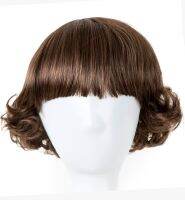 Fei-Show Wig Synthetic Heat Resistant Fiber Short Light Brown Curly Child Hair Flat Bangs Hairpiece for 50 CM Head Circumference