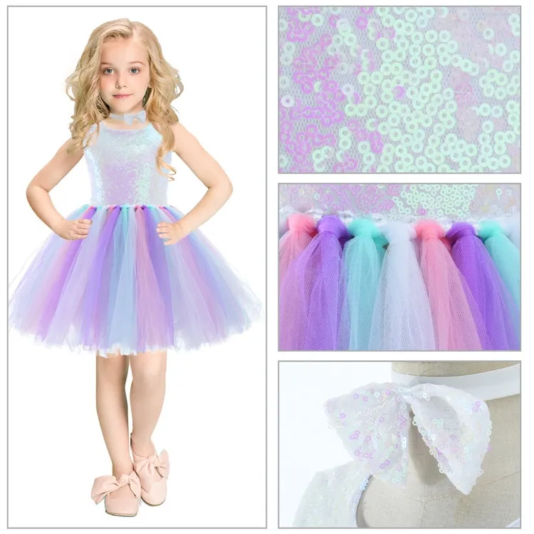 Cosplay Pastel Rainbow Sequins Dress Baby Girl Birthday Party