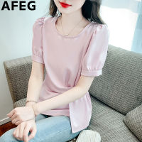 AFEG เสื้อเบลาส์แขนพองผ้าชีฟอง,คอกลมแฟชั่นเอวฉบับภาษาเกาหลีสีทึบ