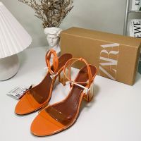 Womens shoes 2023 ZARAˉsummer round head buckle sandalsPVC orange transparent heel high-heeled sandals for women