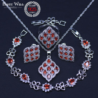 Pretty Fashion Jewelry Sets For Women Silver Color Red Wine Color Square Necklace Pendant Neckalce Hoop Earrings Rings