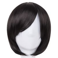 Black Bob Wig Fei-Show Synthetic Heat Resistant Fiber Oblique Bangs Short Wavy Cosplay Halloween Carnival Hair Women Hairpieces