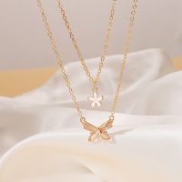 [COD] European and ins stacked butterfly necklace female fashion niche design double flower pendant clavicle chain net red