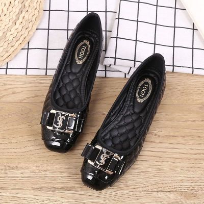 [COD] New spring and autumn single shoes womens flat bottom all-match Doudou square head shallow mouth soft leather thick heel