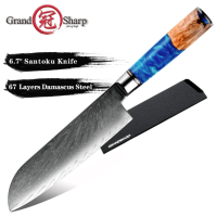 Grandsharp Damascus Steel Santoku มีด 6.7 นิ้ว vg10 มีดเชฟญี่ปุ่น มีดคาร์บอนสูง ซูชิเนื้อปลาซาซิมิเครื่องมือผลไม้