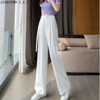 Korean Summer New Suit Womens Pants High Waist Ice Silk Straight Wide Leg Casual Trousers Fashion Baggy Female Slacks Pantalon