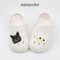 SUNNY COLOR สีดำและสีขาวแมวถ้ำรองเท้า 2023 ฤดูร้อนใหม่ตัดหัวรองเท้าผู้หญิงด้านนอกสวมรองเท้าพยาบาลกันลื่น