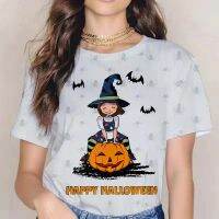 2023 NEW2022 Happy Halloween Lady เสื้อยืดแฟชั่นเสื้อผ้าอินเทรนด์3d พิมพ์ฟักทอง Miko โพลีเอสเตอร์ Crew คอสบายด้านบน Loose