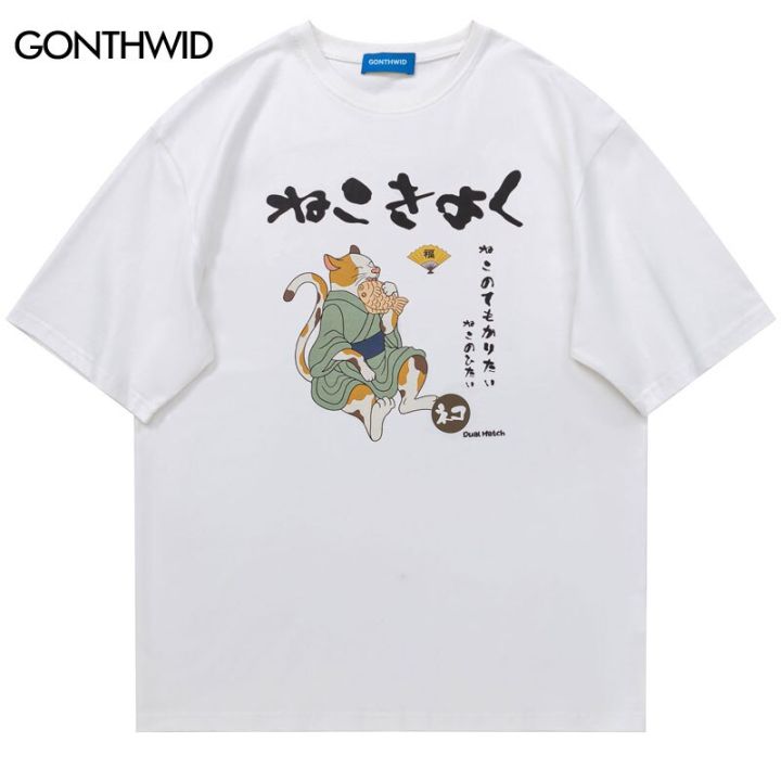 ผู้ชายเสื้อยืด-streetwear-ญี่ปุ่นการ์ตูนแมวพิมพ์เสื้อยืดแฟชั่น-harajuku-casual-หลวมเสื้อ2023ฤดูร้อนผ้าฝ้าย