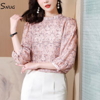 SNUG Chiffon shirt female 2023 new summer flowers to reduce the sense of ageing design niche chic bubble sleeve blouse