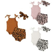 0-18M Summer Baby Girls Boys Clothes Sets Leopard Print Sleeveless Knit Solid Romper Shorts Headband  by Hs2023