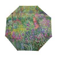 Iris Garden ที่ Giverny Monet ร่มสำหรับผู้หญิงร่มสนามเปิดปิดอัตโนมัติแบบพกพาพับได้สามชั้น