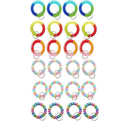 24 Pcs Colorful Spring Wrist Coil Keychain Stretchable Wrist Keychain Bracelet Wrist Coil Wrist Band Key Ring Chain