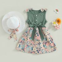 Kid Girl 2Pcs Summer Clothing Outfits Children Sleeveless Crew Neck Floral Skirt Belted Dress with Sun Hat  by Hs2023