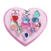 12PCS/SET Fashionable Resin Cartoon Rings Children Rings For Girls Ring Set Finger Rings Jewelry Display Box Kids Toy Gift