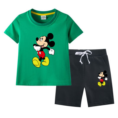 Mickeys 2023เสื้อยืดแขนครึ่งแขนสำหรับเด็กชายและเด็กหญิงชุดผ้าฝ้ายบางกางเกงขาสั้นสำหรับฤดูร้อนชุดนอนแบบสบายๆ