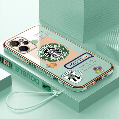 เคสเคสมือถือสำหรับ Realme 9i 5G พร้อมฟรีสายคล้อง + โลโก้ Starbucks แฟชั่นชุบขอบสี่เหลี่ยมฝาหลังนิ่ม