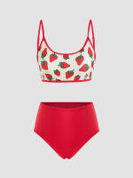 Cider Cute Strawberry Print Bikini Set ชุดว่ายน้ำผู้หญิง ชุดว่ายน้ำทูพีช พิมพ์ลายลายสตอเบอร์รี่ ลุคไปทะเล