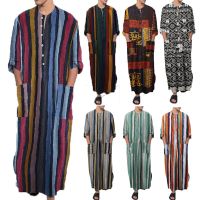 ชุดคลุมผู้ชายแฟชั่นมุสลิมใหม่ Kameez เสื้อผ้าสำหรับบุรุษตะวันออกกลางชุดแขนยาวอาราบิกลายขวาง