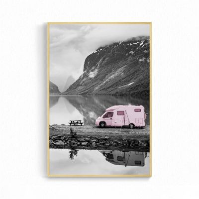 Nordic Landscape Canvas Prints - Pink Car Motor Home Decoration Maison Travel Wall Art Pictures In Black And White