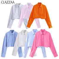 ▩™◘ CLAZZAA เสื้อเอวลอยแฟชั่นสำหรับผู้หญิงคอปกแขนยาวติดกระดุมแถวเดียวเสื้อสั้น Y2K ลำลองสำหรับผู้หญิงเก๋ไก๋