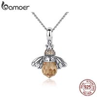 BAMOER 925 Sterling Silver Lovely Orange Bee Insect Pendant Necklace for Women 14K Gold Plated Jewelry Birthday Gift 2 Colors