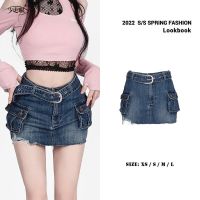 ✢₪ Less eye exposed jean skirts the summer of new belt tooling blue elastic divided female