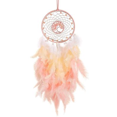 Dream Catcher Hanging Ornament Decor Handmade LED Lights Pink Feather Healing Crystals Dreamcatchers for Home Wall Decor
