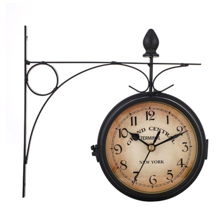 สไตล์ยุโรปวินเทจนาฬิกานวัตกรรมแฟชั่นนาฬิกาแขวนสองด้านโบราณรอบแขวนผนังสถานีนาฬิกาสีดำ-ขาว