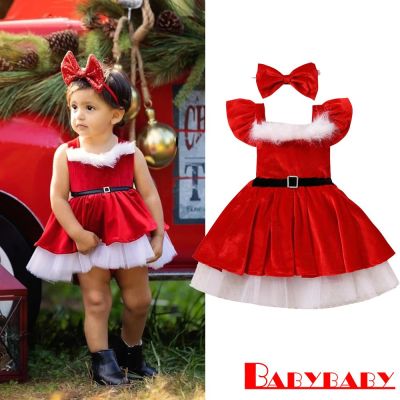 Babybaby- เด็กผู้หญิง คริสต์มาส แขนบิน ตุ๊กตา ตกแต่ง จีบ Tulle ชุดที่มีแถบคาดศีรษะ