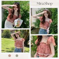 mira เสื้อครอปแต่งระบายตรงแขน น่ารัก เสื้อแฟชั่นผญ J182#