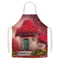 Fairy Tale Forest Mushroom House Print Apron Home Kitchen Cooking Linen Apron Adult Kids Baking Stain Resistant Apron Aprons