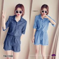 [ส่งไว!] M11596   Jumpsuit จั้มสูทยีนเทียมขาสั้น มีกระป๋าอก ติดกระดุมครึ่งตัว เอวสม็อค