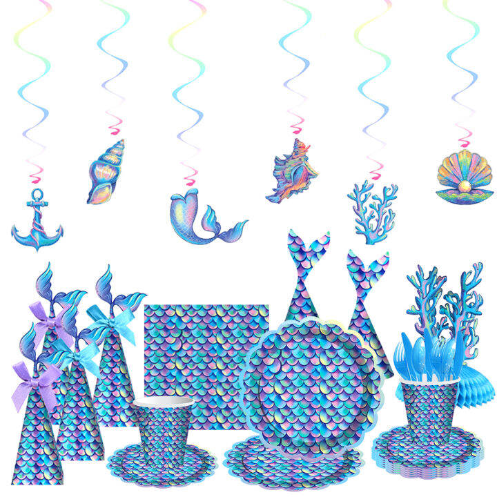 mermaid-party-tableware-ชุดถ้วยกระดาษแผ่นเด็ก1st-ตกแต่ง-mermaid-บอลลูน-baby-shower-favors